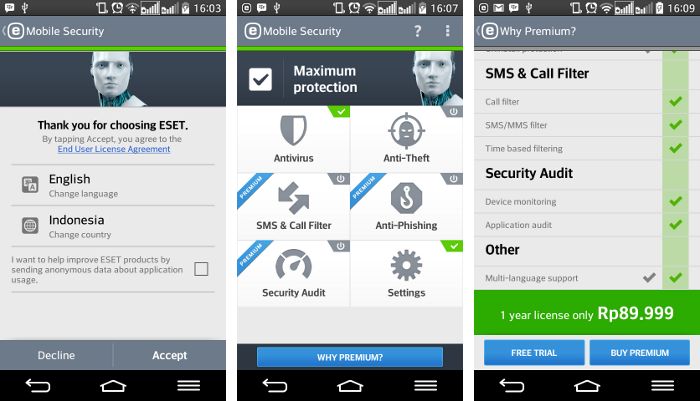 Tampilan antarmuka ESET Mobile Security and Antivirus | Screenshot