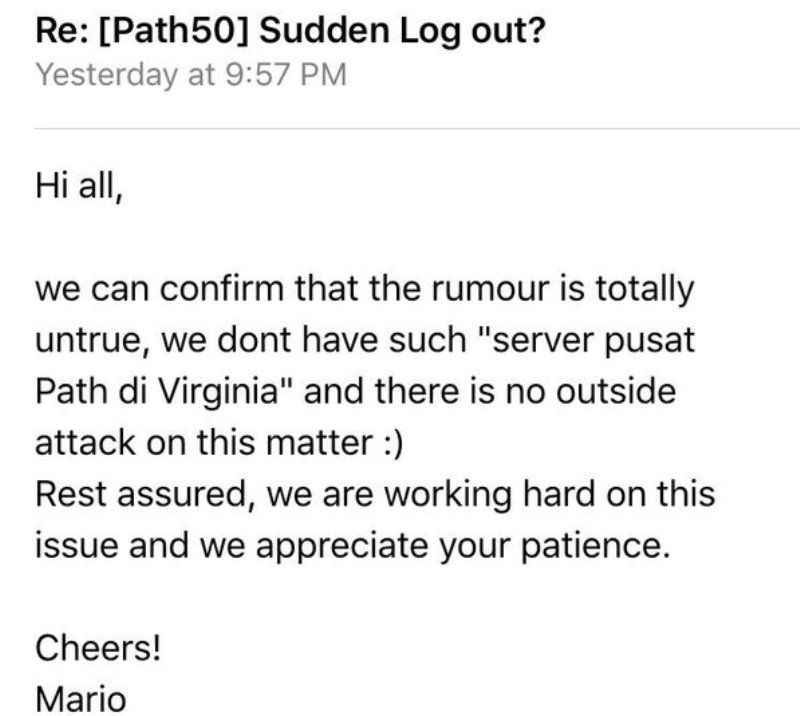 Screenshot email yang menyebutkan kalau masalah Path bukan karena serangan dari luar