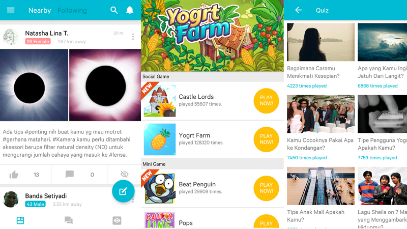 Beberapa tampilan baru aplikasi Yogrt: Timeline (kiri), Game (tengah), Quiz (kanan)
