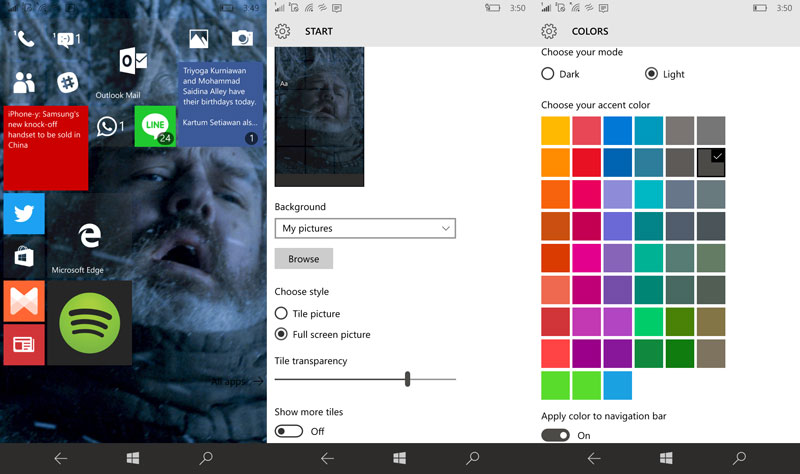 Tampilan antarmuka Windows 10 Mobile | Screenshot