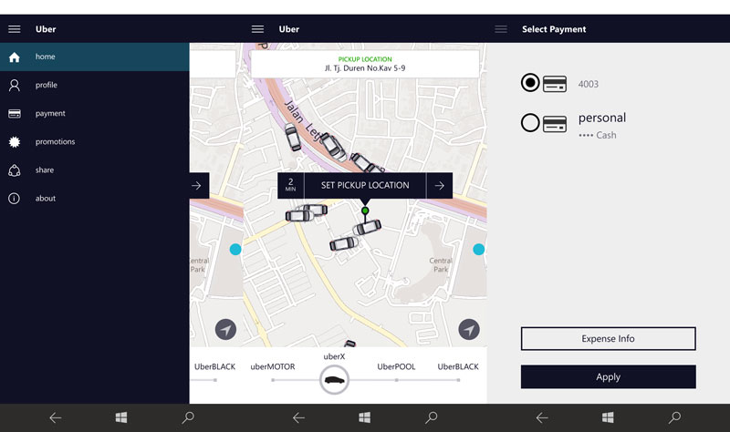 Tampilan aplikasi Uber versi Windows 10 Mobile | Screenshot