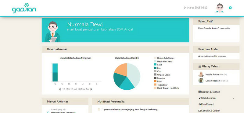 Tampilan dashboard aplikasi Gadjian | Screenshot