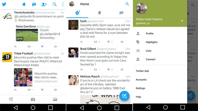 Tampilan Lama dan Baru Twitter Material Design | Screenshot