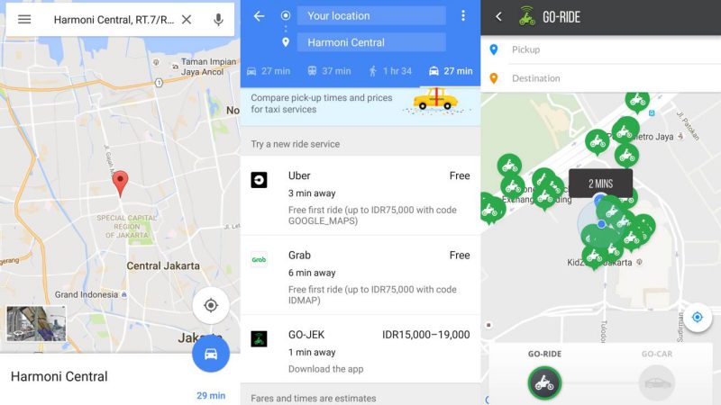 Google Maps GO-JEK Grab Uber | Screenshot