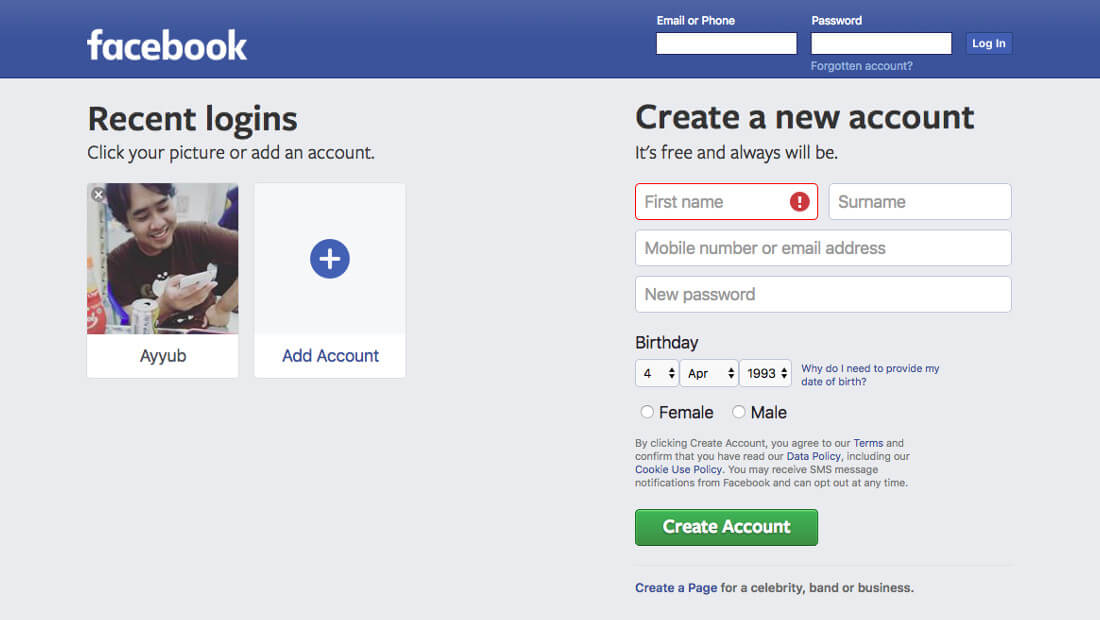 Facebook Landing Page | Screenshot 1