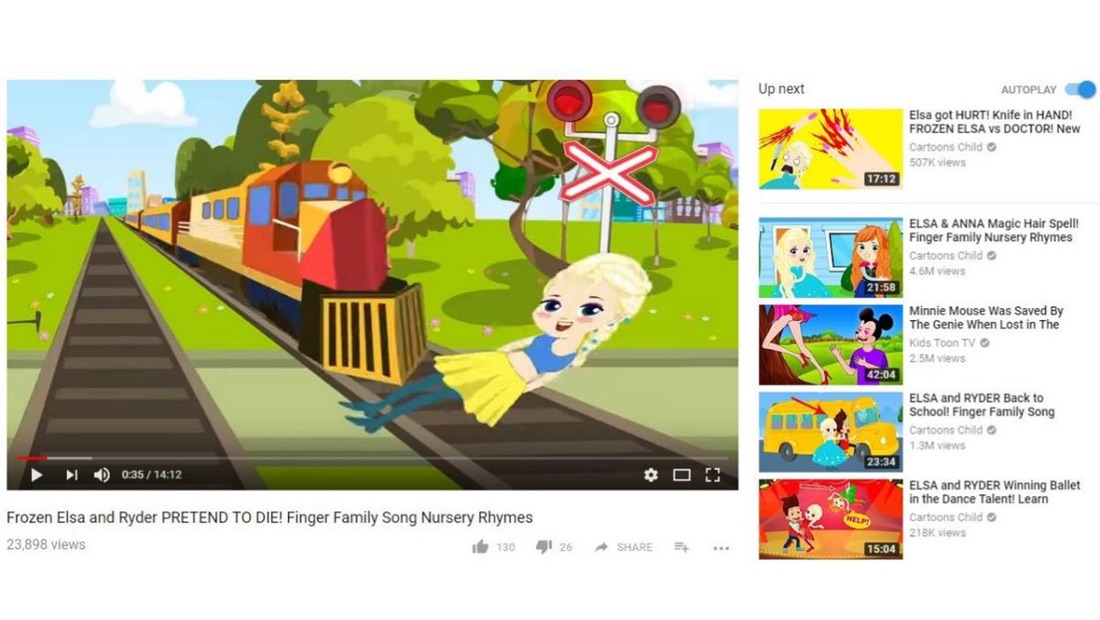 Video dan rekomendasi YouTube yang menampilkan karakter Elsa dalam situasi cedera fisik.